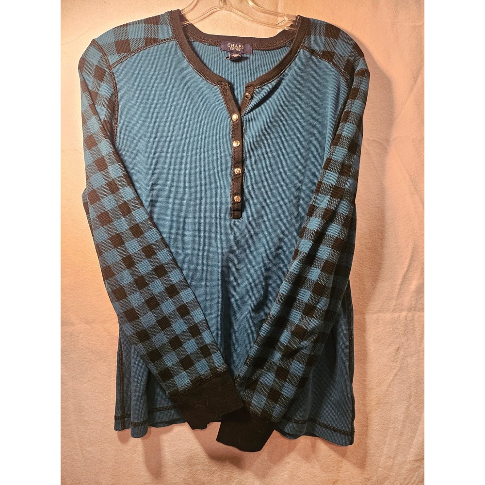 Chaps Womens XL Thermal Henley Teal Blue Black Buffalo Plaid Long Sleeve 4006